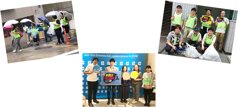 (左)World Cleanup Day渋谷会場 (中央)赤坂での活動 (右)江坂での活動